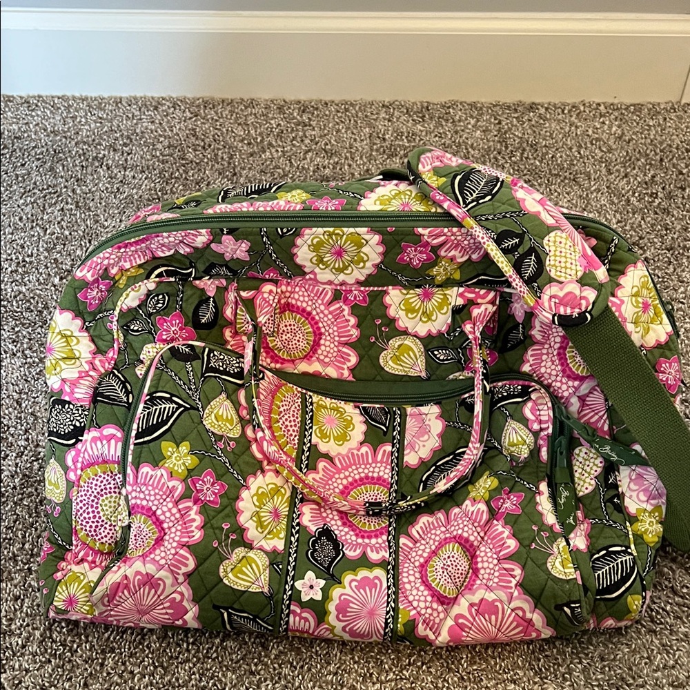 Vera Bradley Olive Green Pink Floral Quilted Travel Duffel